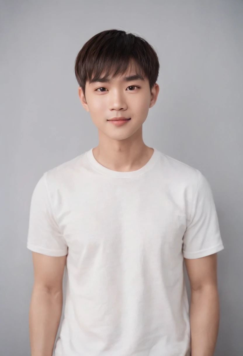 (Photo: 1.3) af (realistic: 1.3), East Asian man,bowl cut,soft light, clear face, front, ((white T-shirt)), cheerful, warm light, ((gray-white gradient background)),(background)) ,avatar,(,handsome,young,((avatar))