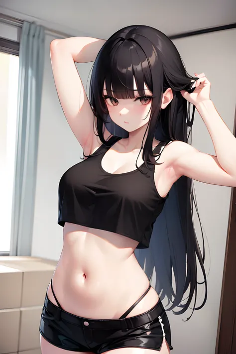 1girls, solo, black hair, blunt bangs, black tanktop, head focus, black shorts, large breast, long hair, stomach, navel, room, on bad, open tanktop,