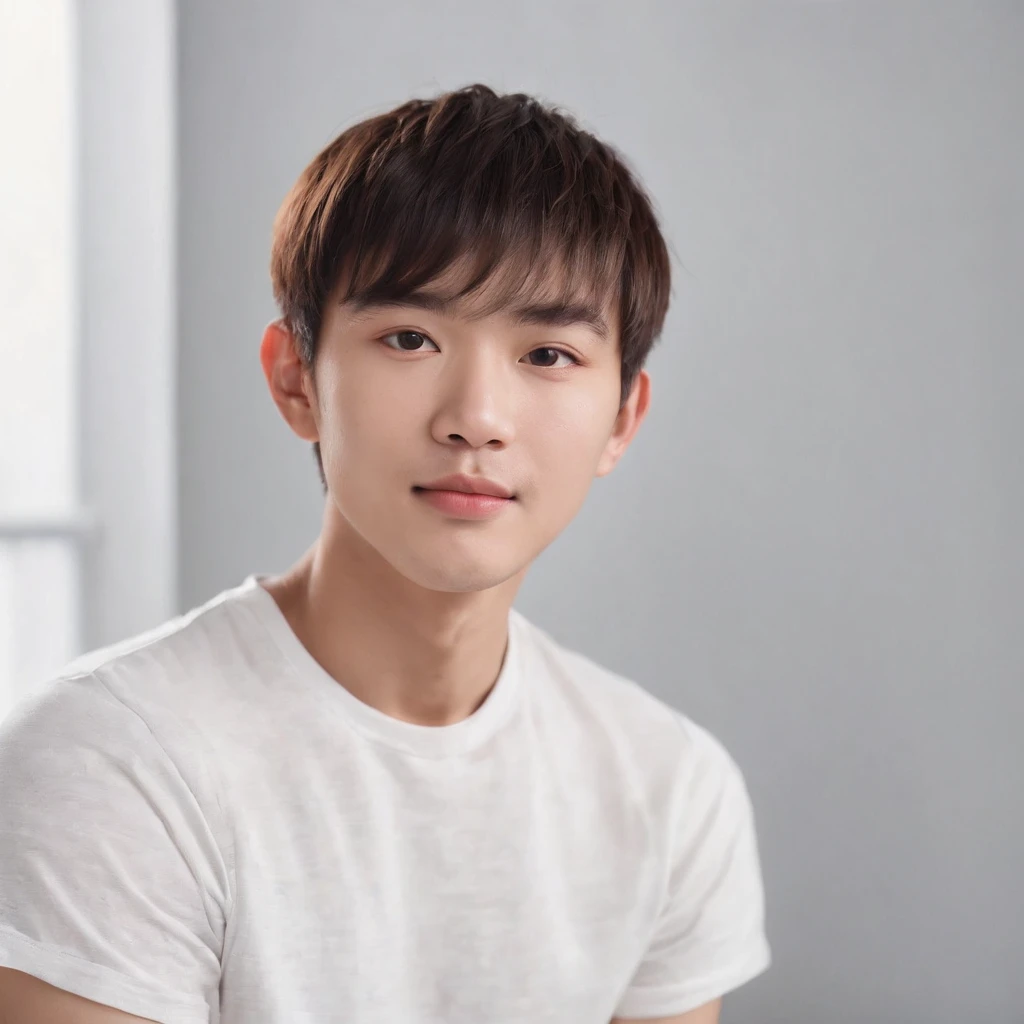 (Photo: 1.3) af (realistic: 1.3), East Asian man,bowl cut,soft light, clear face, front, ((white T-shirt)), cheerful, warm light, ((gray-white gradient background)),(background)) ,avatar,(,handsome,young,((avatar))