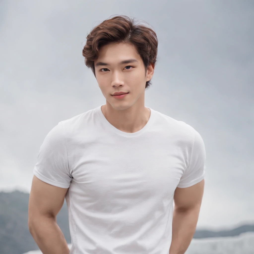 (Photo: 1.3) af (realistic: 1.3), East Asian man,curly_hair ,soft light, clear face, front, ((white T-shirt)), cheerful, warm light, ((gray-white gradient background)),(background)) ,avatar,(,handsome,young,((avatar))