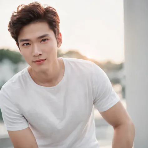 (Photo: 1.3) af (realistic: 1.3), East Asian man,curly_hair ,soft light, clear face, front, ((white T-shirt)), cheerful, warm light, ((gray-white gradient background)),(background)) ,avatar,(,handsome,young,((avatar))