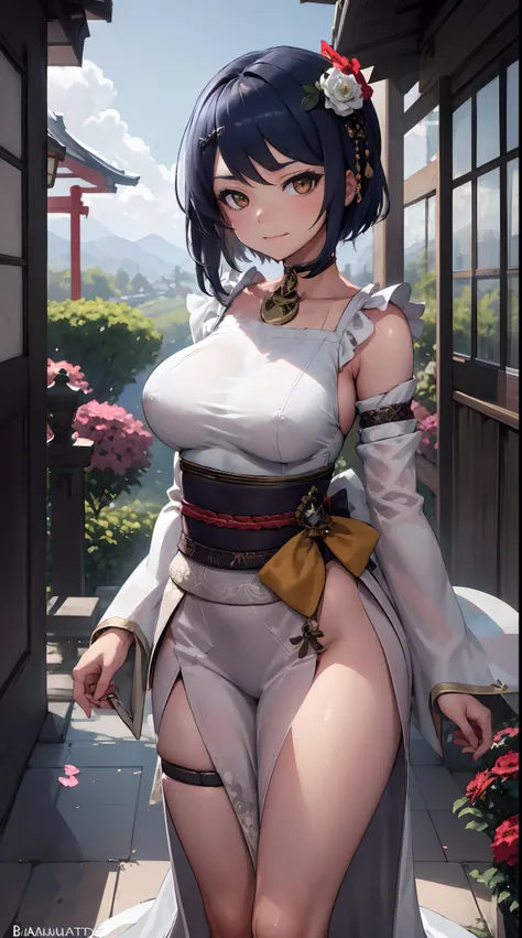 Kujou Sara| genshin impact, master-piece, bestquality, 1girls,25 years old, proportional body, proportional., Wedding Dresses, White Wedding Dress, Long skirt, Big skirt, mediuml breasts, ,bara, choker, Standing in the middle of a flower garden, outdoor, T...