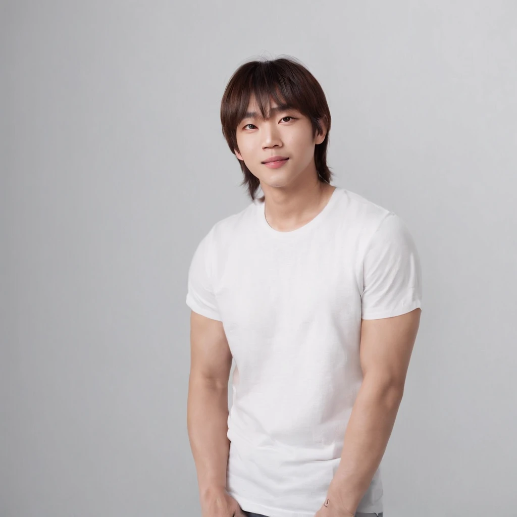 (Photo: 1.3) af (realistic: 1.3), East Asian man, ((Medium long hair with bangs)),soft light, clear face, front, ((white T-shirt)), cheerful, warm light, ((gray-white gradient background)),(background)) ,avatar,(,handsome,young,((avatar))