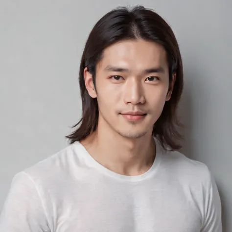 (Photo: 1.3) af (realistic: 1.3), East Asian man, (( long hair )),soft light, clear face, front, ((white T-shirt)), cheerful, warm light, ((gray-white gradient background)),(background)) ,avatar,(,handsome,young,((avatar))