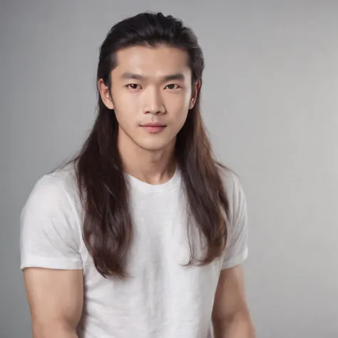 (Photo: 1.3) af (realistic: 1.3), East Asian man, (( long hair )),soft light, clear face, front, ((white T-shirt)), cheerful, warm light, ((gray-white gradient background)),(background)) ,avatar,(,handsome,young,((avatar))