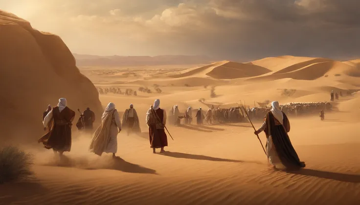 The Israelites Pitching Their Tabernacles in the Desert , With a lot of people, million ,Moses holding a staff ,desert, Old gowns,,History reference,High-quality artwork and details,Realistic portrait style,Subtle color palette,vibrant background,natural t...