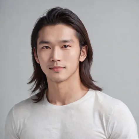 (Photo: 1.3) af (realistic: 1.3), East Asian man, (( long hair )),soft light, clear face, front, ((white T-shirt)), cheerful, warm light, ((gray-white gradient background)),(background)) ,avatar,(,handsome,young,((avatar))