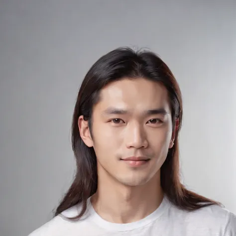 (Photo: 1.3) af (realistic: 1.3), East Asian man, (( long hair )),soft light, clear face, front, ((white T-shirt)), cheerful, warm light, ((gray-white gradient background)),(background)) ,avatar,(,handsome,young,((avatar))