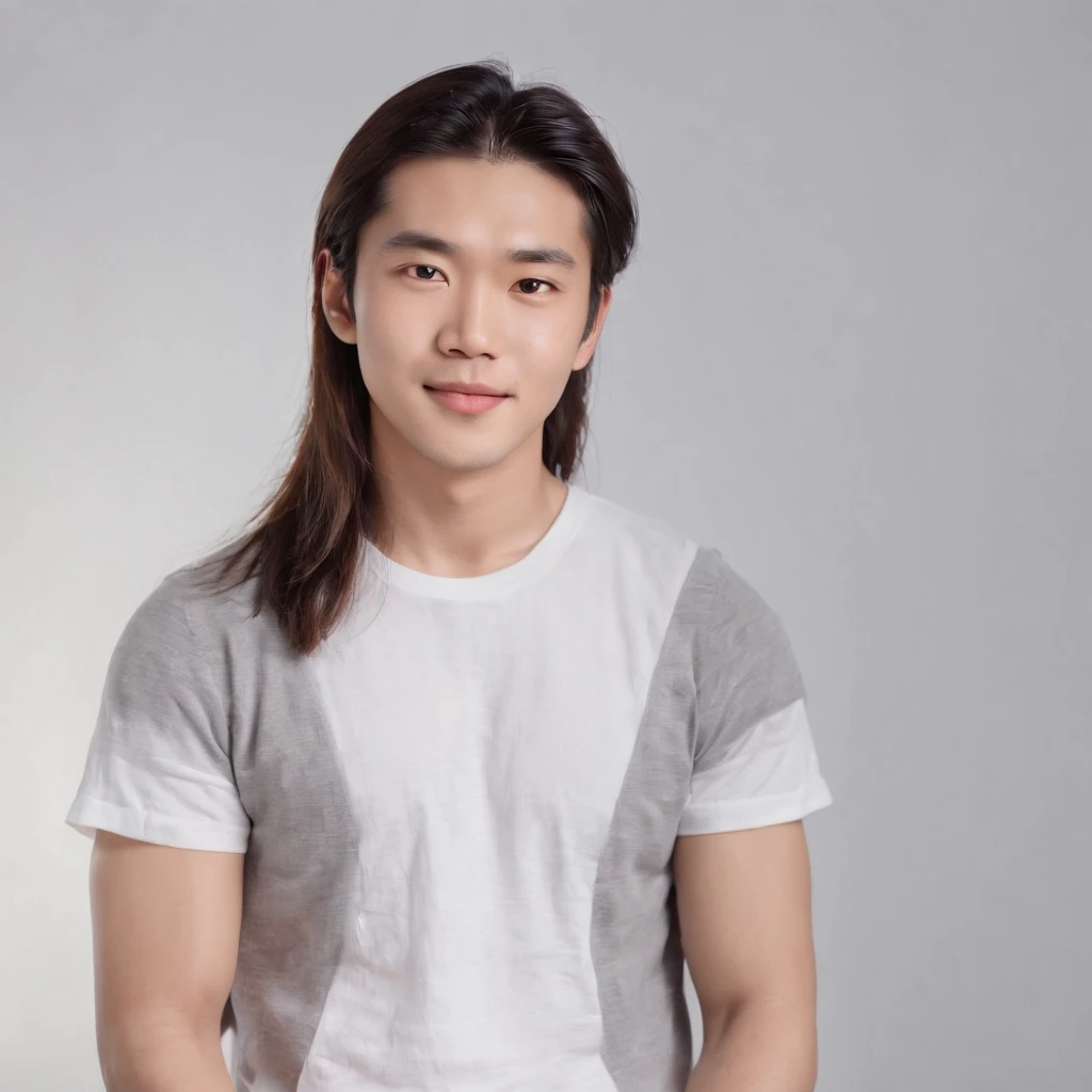 (Photo: 1.3) af (realistic: 1.3), East Asian man, (( long hair )),soft light, clear face, front, ((white T-shirt)), cheerful, warm light, ((gray-white gradient background)),(background)) ,avatar,(,handsome,young,((avatar))