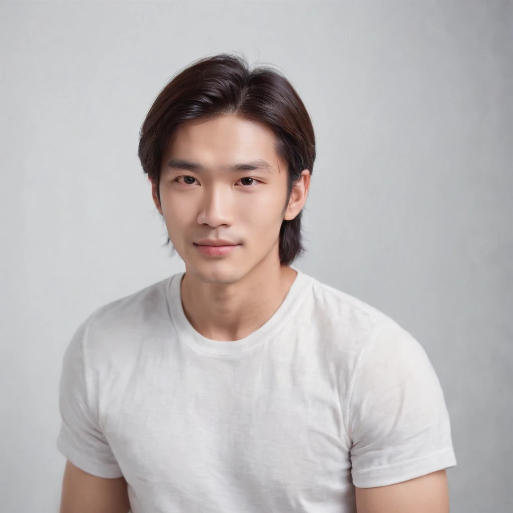 (Photo: 1.3) af (realistic: 1.3), East Asian man, (( long hair )),soft light, clear face, front, ((white T-shirt)), cheerful, warm light, ((gray-white gradient background)),(background)) ,avatar,(,handsome,young,((avatar))