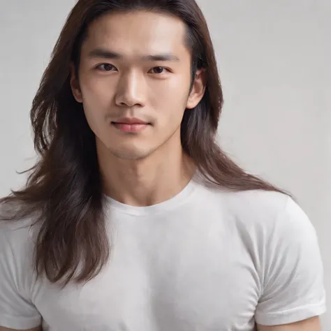 (Photo: 1.3) af (realistic: 1.3), East Asian man, (( long hair )),soft light, clear face, front, ((white T-shirt)), cheerful, warm light, ((gray-white gradient background)),(background)) ,avatar,(,handsome,young,((avatar))