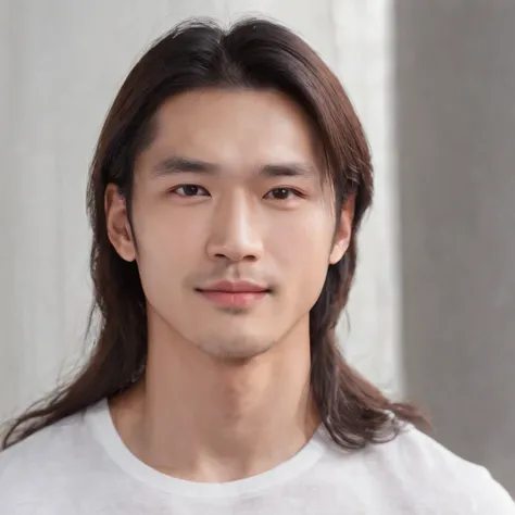 (Photo: 1.3) af (realistic: 1.3), East Asian man, (( long hair )),soft light, clear face, front, ((white T-shirt)), cheerful, warm light, ((gray-white gradient background)),(background)) ,avatar,(,handsome,young,((avatar))