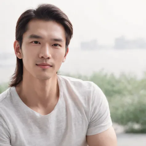 (Photo: 1.3) af (realistic: 1.3), East Asian man, (( long hair )),soft light, clear face, front, ((white T-shirt)), cheerful, warm light, ((gray-white gradient background)),(background)) ,avatar,(,handsome,young,((avatar))