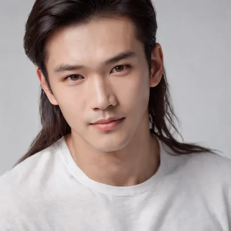 (Photo: 1.3) af (realistic: 1.3), East Asian man, (( long hair )),soft light, clear face, front, ((white T-shirt)), cheerful, warm light, ((gray-white gradient background)),(background)) ,avatar,(,handsome,young,((avatar))