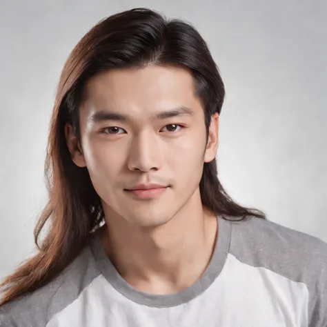 (Photo: 1.3) af (realistic: 1.3), East Asian man, (( long hair )),soft light, clear face, front, ((white T-shirt)), cheerful, warm light, ((gray-white gradient background)),(background)) ,avatar,(,handsome,young,((avatar))