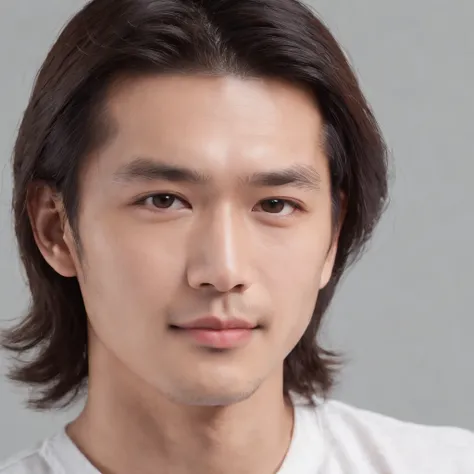 (Photo: 1.3) af (realistic: 1.3), East Asian man, (( long hair )),soft light, clear face, front, ((white T-shirt)), cheerful, warm light, ((gray-white gradient background)),(background)) ,avatar,(,handsome,young,((avatar))