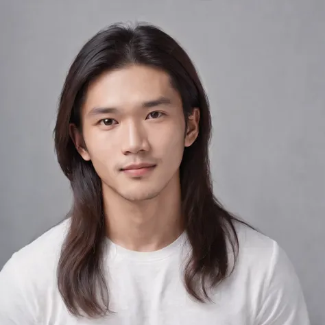 (Photo: 1.3) af (realistic: 1.3), East Asian man, (( long hair )),soft light, clear face, front, ((white T-shirt)), cheerful, warm light, ((gray-white gradient background)),(background)) ,avatar,(,handsome,young,((avatar))