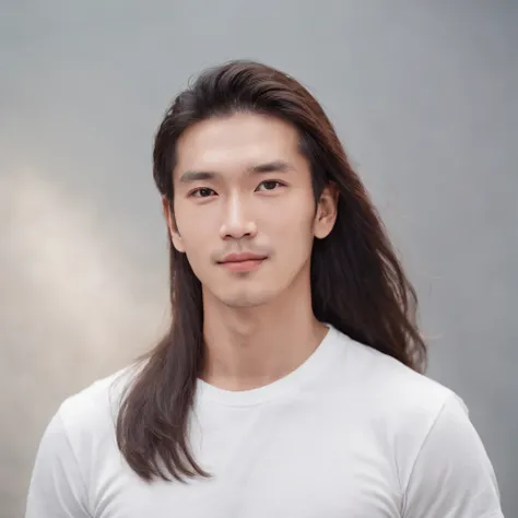 (Photo: 1.3) af (realistic: 1.3), East Asian man, (( long hair )),soft light, clear face, front, ((white T-shirt)), cheerful, warm light, ((gray-white gradient background)),(background)) ,avatar,(,handsome,young,((avatar))