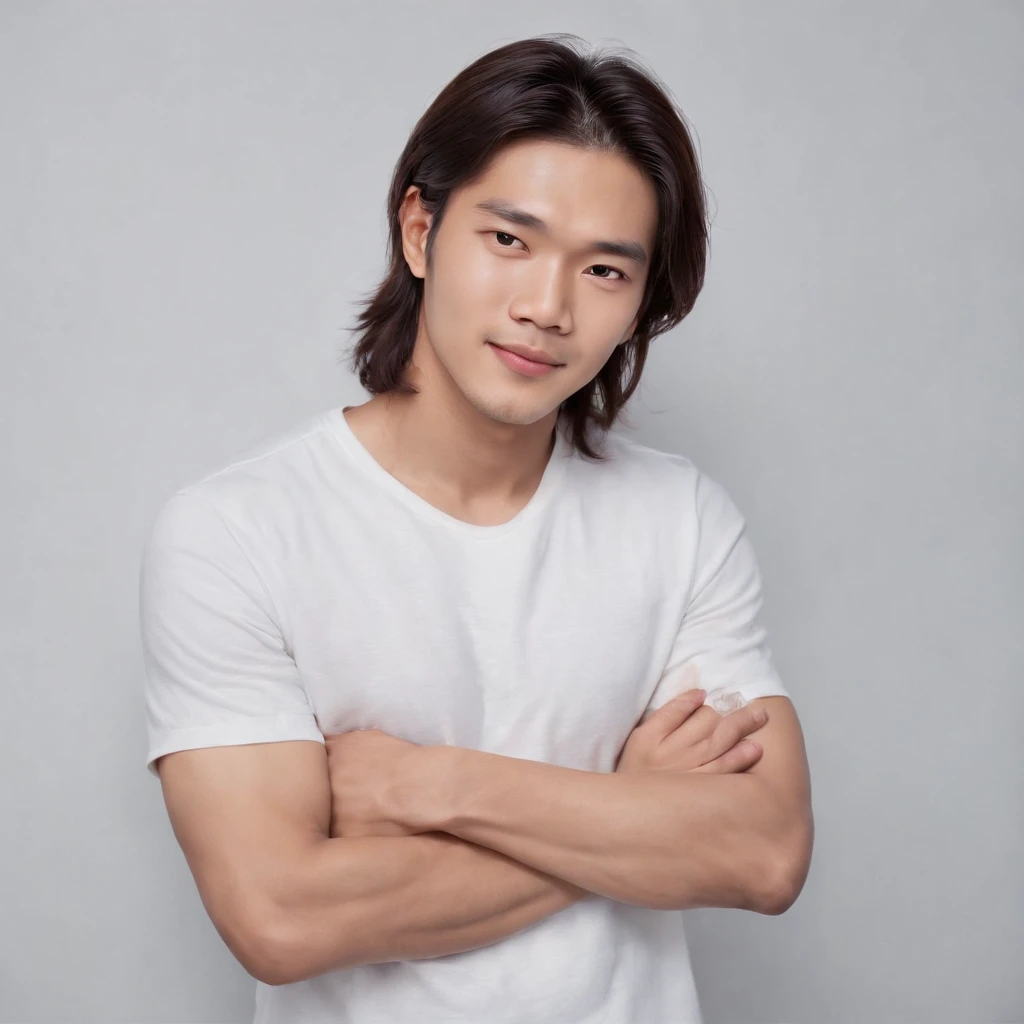 (Photo: 1.3) af (realistic: 1.3), East Asian man, (( long hair )),soft light, clear face, front, ((white T-shirt)), cheerful, warm light, ((gray-white gradient background)),(background)) ,avatar,(,handsome,young,((avatar))