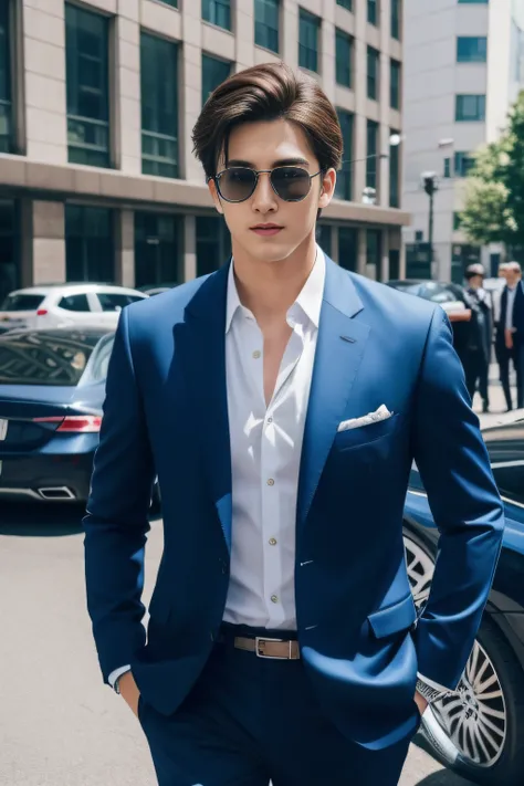 Blue suit、　20-year-old refreshingly handsome new employee、　（Super cool S-class guy in a suit）、　Japan boys at 20 years old、　businessman、　Ultra-luxury suit、　Stand in a suitＳYoung handsome man、　Full body photo、　（Highly detailed photos of CG Unity 8K）、　（A high...