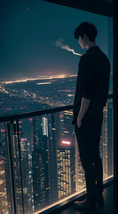 A tall guy sitting on the edge of building, smoking, night city view, beautiful view, tall guy, short hair, black hair, wearing black clothes, back view,