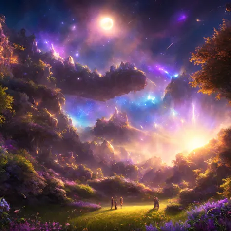 expansive landscape photograph , (a view from below that shows sky above and open field below), a girl standing on flower field looking up, (full moon:1.2), ( shooting stars:0.9), (nebula:1.3), distant mountain, tree BREAK
production art, (warm light sourc...