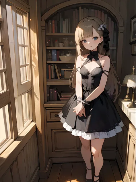 Reines, 1girl, high quality, best quality, illustration, masterpiece, (highly detailed:1.2), (extremely detailed:1.3), small breasts, child, bare shoulders, young girl, string ribbon, short skirt, full body, braid, petite, curvy loli, in a house