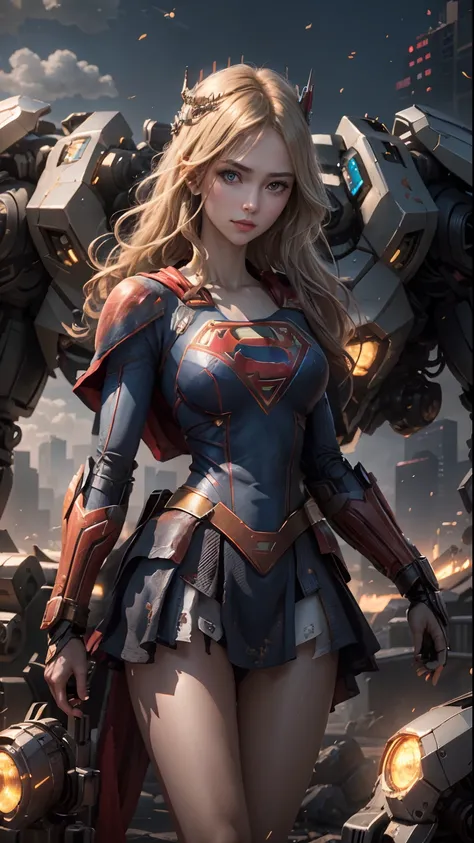 ((Best Quality)), ((Supergirls Masterpiece)), (Very Detailed: 1.3), 3D, Shitu-mecha, Beautiful cyberpunk woman wearing crown with her ruined mecha of a forgotten war city, long blonde hair, blue eyes, superman S symbol on chest, sci-fi technology, HDR (Hig...