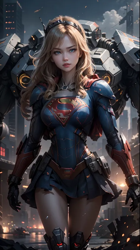 ((Best Quality)), ((Supergirls Masterpiece)), (Very Detailed: 1.3), 3D, Shitu-mecha, Beautiful cyberpunk woman wearing crown with her ruined mecha of a forgotten war city, long blonde hair, blue eyes, superman S symbol on chest, sci-fi technology, HDR (Hig...