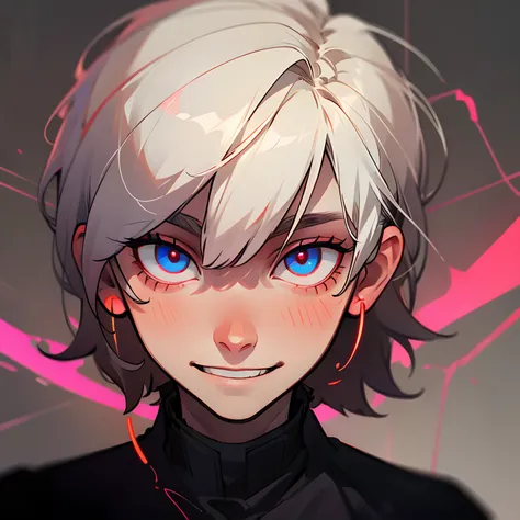 ((alone)), ((solo)), close pic, male character, young adult around 22 years old. messy white hair. a fringe covers one eye. The eyes are neon red. He has a crazy and disturbed smile. pale skin. black clothes.