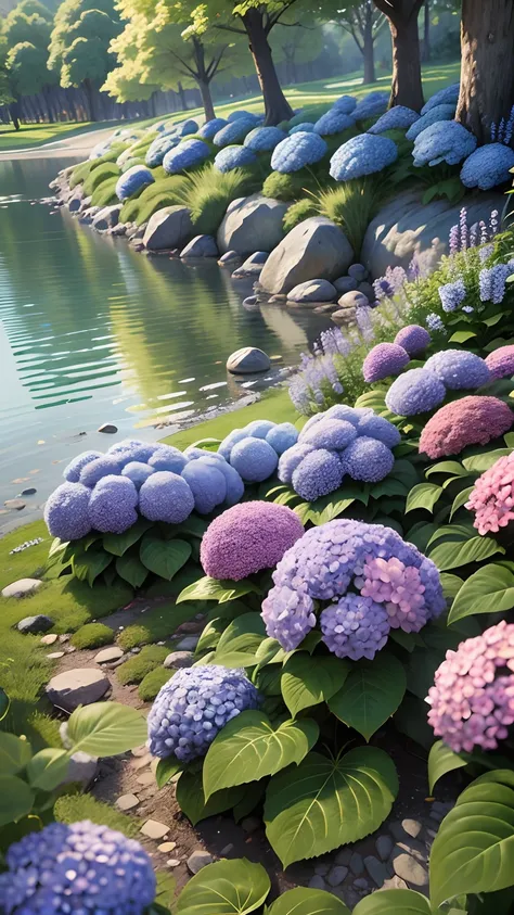 Hydrangeas, park, lake, small hill, pebble path, masterpiece, best quality, anatomically correct, high details, 8K, wallpaper