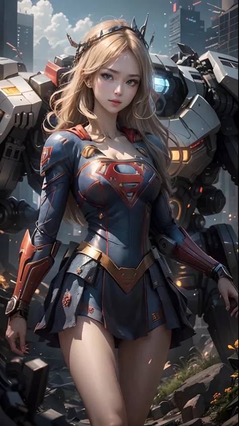 ((Best Quality)), ((Supergirls Masterpiece)), (Very Detailed: 1.3), 3D, Shitu-mecha, Beautiful cyberpunk woman wearing crown with her ruined mecha of a forgotten war city, long blonde hair, blue eyes, superman S symbol on chest, sci-fi technology, HDR (Hig...