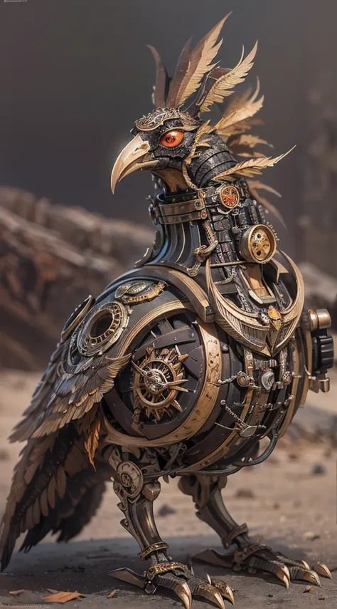 a steampunk horny Phoenix bird, small, desert,nntrending on ArtStation, intricate, hyper detailed, ultra realistic, sharp focus, octane render,