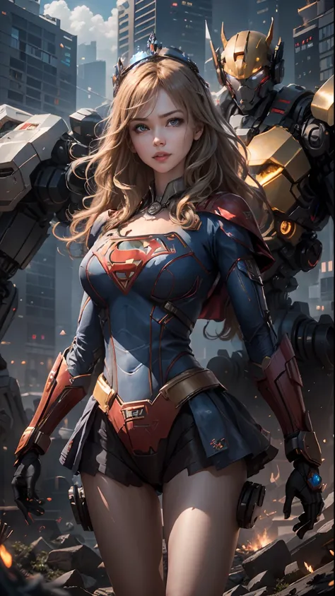 ((Best Quality)), ((Supergirls Masterpiece)), (Very Detailed: 1.3), 3D, Shitu-mecha, Beautiful cyberpunk woman wearing crown with her ruined mecha of a forgotten war city, long blonde hair, blue eyes, superman S symbol on chest, sci-fi technology, HDR (Hig...