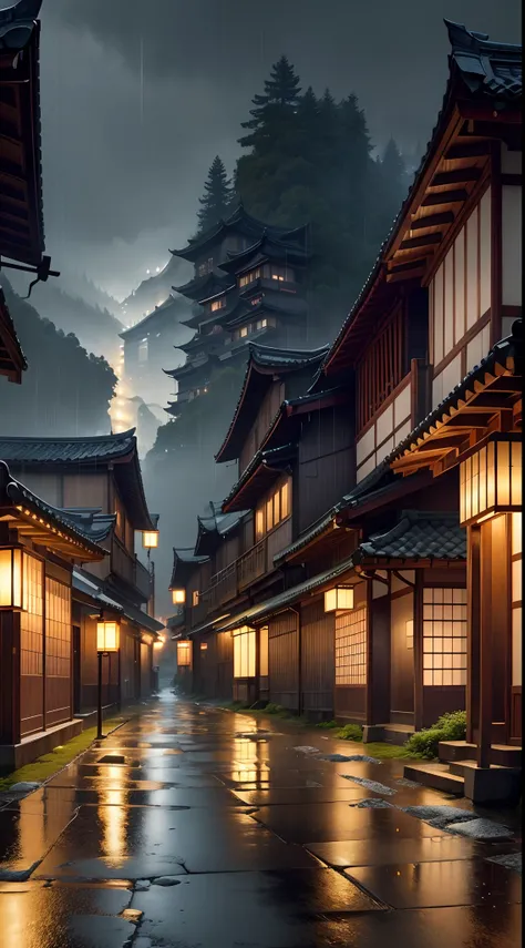 arafed view of a village with a lot of lights on the buildings, dreamy japanese town, japanese village, amazing wallpaper, japanese town, japanese village, hyper realistic photo of a town, old asian village, japanese city, by Raymond Han, rainy evening, cy...