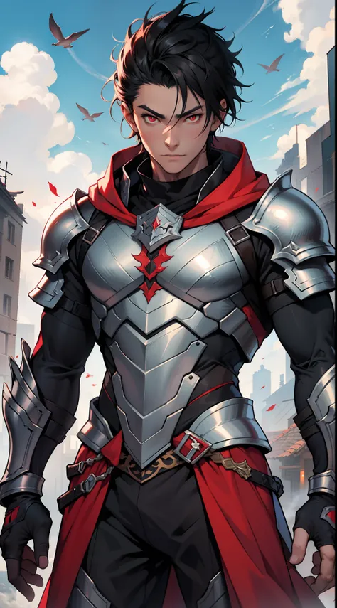 tmasterpiece，Need，超高分辨率，shoun，Black armor，scutes，Cloak，musculature，(with short black hair)，red color eyes，Libido boy,scales，Clouds，Dark  skin