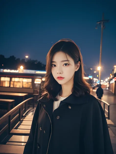 Photo of a Beautiful Korean kpop idol Woman,  simple nostalgic, Autumn evening lights, Professional iPhone photo art photo，Station background，benches，A gentle breeze blows，Eyes look into the distance