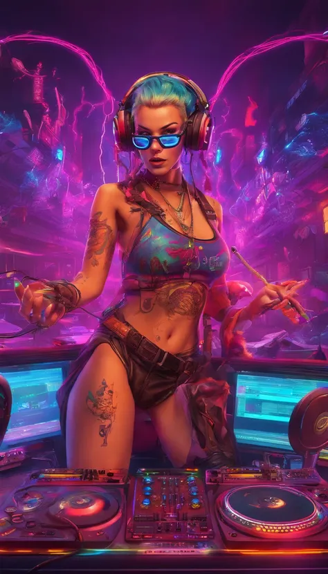 Colorful, hyper-realistic , cyberpunk, Psychedelic vampire female DJ plays dj instruments very crazy, looks intense, unlimited energy, full of passion, expression is so extraordinary, wearing vampire clothes integrated with modern cyberpunk dj costumes, co...