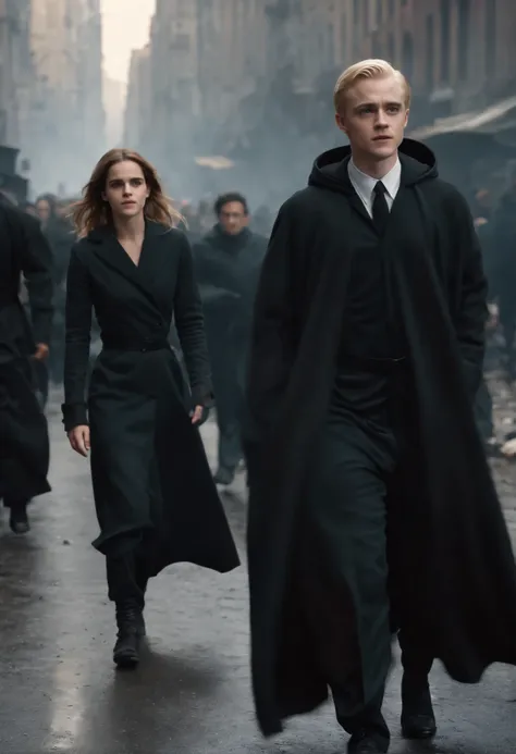 Emma Watson and Draco Malfoy are running from (nuclear explosion at background) cyberpunk city crowded by people in black robes, focus on mushroom explosion, ((street full of people with black robes and hoods)), ((crowded city)) dark, eerie , 32k resolutio...