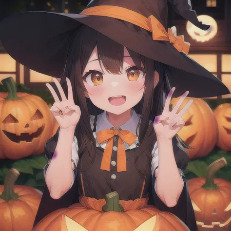 masterpiece, best quality, ultra-detailed

1girl, black hair, black pointy hat, wearing a witch costume, open mouth, super smile...