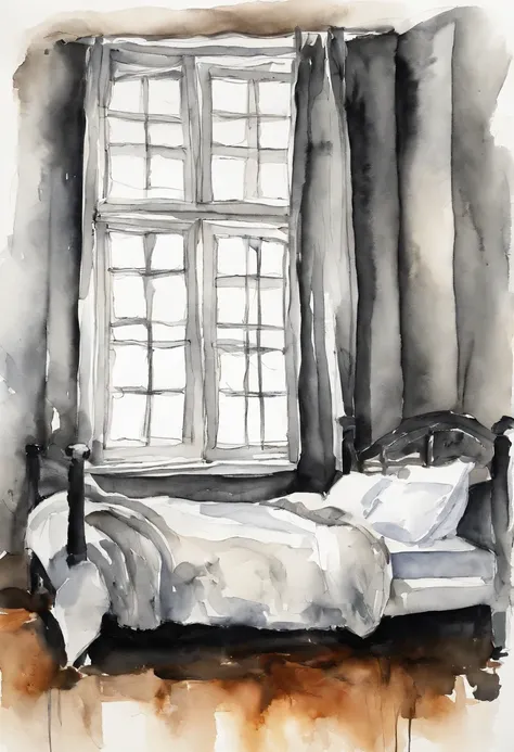 Black and white drawing of a bed in an empty room with bare walls , Bed linen crumpled