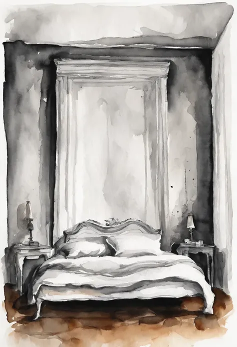 Black and white drawing of a bed in an empty room with bare walls , Bed linen crumpled