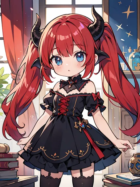 Red hair,Blue eyes,Twintails, Long hair, Solo, Loli, Black stockings,{{Best quality}}, {{Masterpiece}}, {{Ultra-detailed}}, {illustration}, {Detailed light}, {An extremely delicate and beautiful},Little girl,Cute,Succubus, demon,Horns