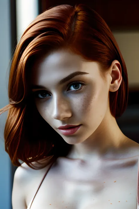 1girl in, age19, solo, aesthetic artwork,  redhead, auburn hair, hair pulled back, some small freckles, pale skin, b cup breasts...