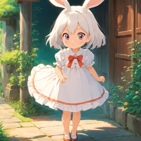 Little rabbit white cute big eyes wearing a small dress with vivid expression