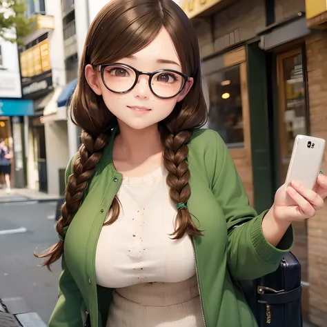 1girl, detailed face, detailed eyes, brown hair, twin braids, brown eyes, glasses, (freckles;1.5), huge breasts, green jacket, miniskirt, outdoors, city