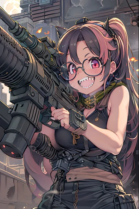 masutepiece, Best Quality, 1girl in, Sharp eyes, Evil smile,rocket launcher、Huge firearms、big round glasses,Camisole、Jagged teeth,Moe、heavy machine gun、machine gun、Spree、big explosion