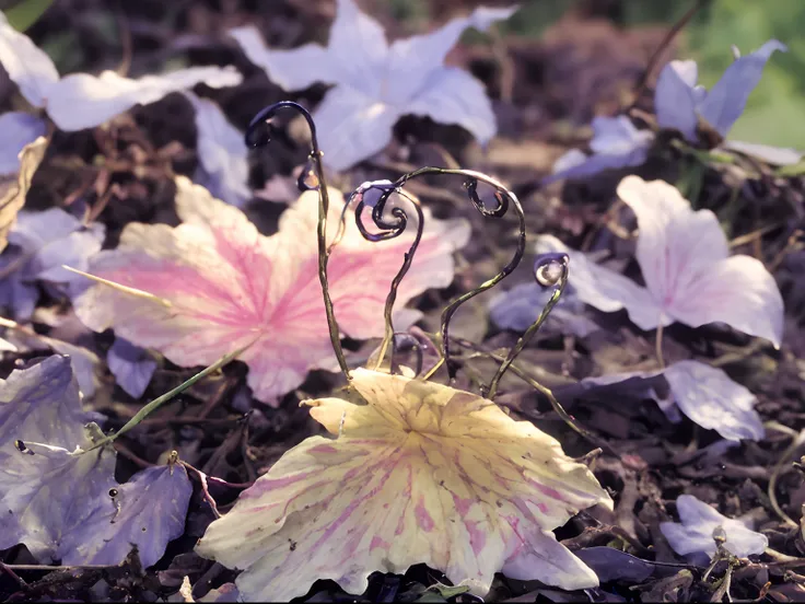 (Best quality,4K), Adorable, Colorful, fantasy, Creatures emerging from the ground, Strange, Simple fungi and tendrils, Unexpected elements, moss, In medium close-up, Tendrils in the background, twisting leaves, large leaves and stems, Medium full shot, Ch...