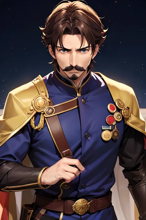 A 30 year old man, brown hair, mustache, wears a dark blue emperor outfit, brown eyes, anime, Fate Stay Night stlye.