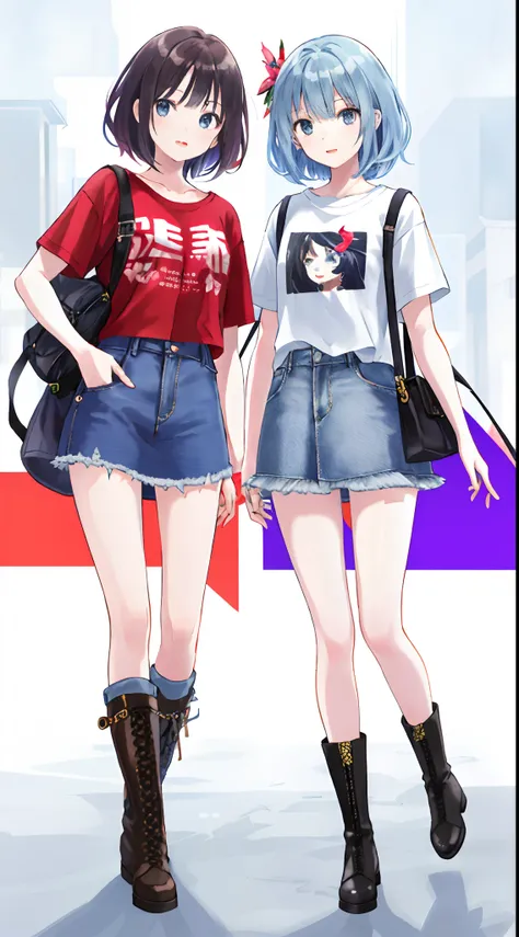 Two young and beautiful girls，ultra - detailed，offcial art，Unity 8k壁纸，（FashionMagCover：1.3），
break
Denim Mini Skirt，Graphic T-shirt，Combat boots，model photoshoot，standing on your feet。Medium shot